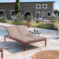 Lettino prendisole 2 posti con schienale reclinabile in alluminio terracotta e cuscino tortora - Elitian