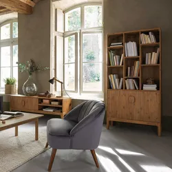 Libreria 95x190h cm in legno di acacia cannettato naturale con 2 ante - Camilla