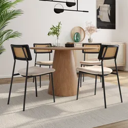 Set 4 sedie in velluto beige con schienale in rattan e gambe in metallo nero - Amira