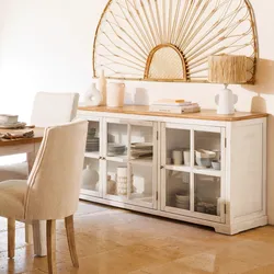 Credenza 180x80h cm in legno di acacia bianco e naturale con 3 ante in vetro - Tennesee