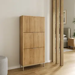 Scarpiera 63x132h cm in legno naturale e cannettato con struttura in acciaio oro - Kloser
