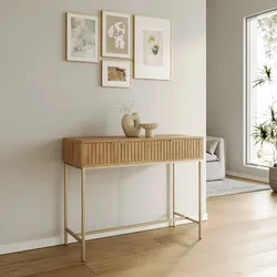 Consolle 80x90h cm in legno naturale e cannettato con struttura in acciaio champagne - Kloser