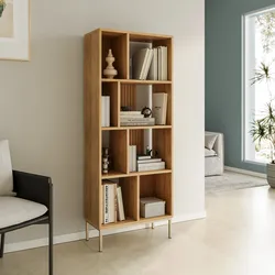 Libreria 63x160h cm in legno naturale e cannettato con struttura in acciaio oro - Kloser
