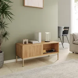 Tavolino 100x40h cm in legno naturale e cannettato con struttura in acciaio oro - Kloser