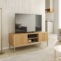 Mobile porta tv 120x46h cm in legno naturale e cannettato con struttura in acciaio oro - Kloser