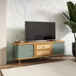 Mobile porta tv 140x76h cm bambù verde salvia cannettato con cassetti e ante - Thalina