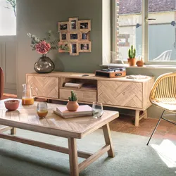 Mobile porta tv 180x55h cm in legno di acacia parquet con 2 ante e 1 cassetto - Arianne
