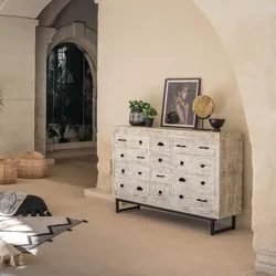 Cassettiera 127x95h cm in legno di mango bianco con 12 cassetti intagliati a mano - Osaka