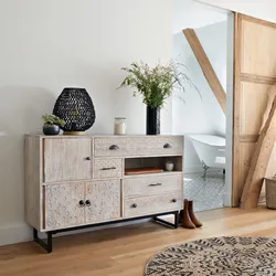 Credenza 115x82h cm in legno di mango bianco con 4 cassetti  e 3 ante intagliati a mano - Osaka