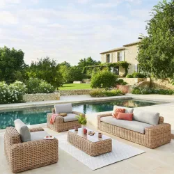 Set relax 5 posti in resina intrecciata naturale e cuscini tortora - Savern