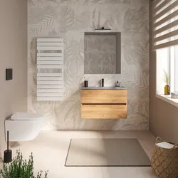 Mobile bagno sospeso 80 cm rovere gold con cassetti e lavabo in vetro marrone kodiak con specchio - Cuki
