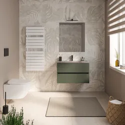 Mobile bagno sospeso 80 cm verde cemento con cassetti e lavabo in vetro marrone kodiak con specchio - Cuki