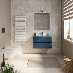 Mobile bagno sospeso 80 cm blu esotico con cassetti e lavabo in vetro blu opaco con specchio - Cuki