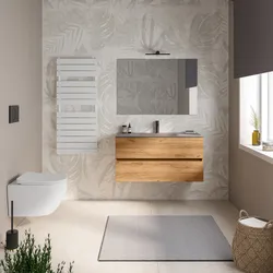 Mobile bagno sospeso 100 cm rovere gold con cassetti e lavabo in vetro marrone kodiak con specchio - Cuki