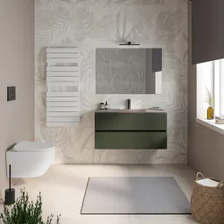 Mobile bagno sospeso 100 cm verde cemento con cassetti e lavabo in vetro marrone kodiak con specchio - Cuki