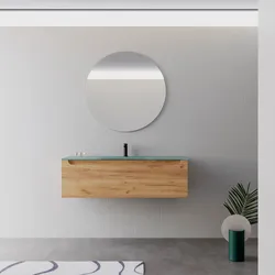 Mobile bagno sospeso 120 cm rovere gold con lavabo in vetro verde oltremare e specchio - Sleek