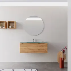 Mobile bagno sospeso 90 cm rovere gold con lavabo in vetro verde oltremare e specchio - Sleek