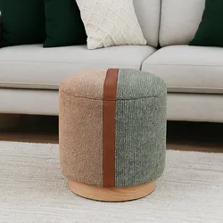 Pouf contenitore 38 cm in tessuto bouclé tortora e verde con dettaglio similpelle cognac - Stobbart