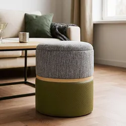 Pouf contenitore 36 cm in tessuto bouclé cacao e similpelle verde - Alvise