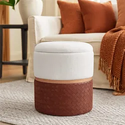 Pouf contenitore 36 cm in tessuto bouclé beige e similpelle cognac - Alvise