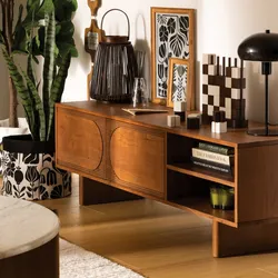 Mobile porta tv 147x46h cm in legno di acacia naturale con 2 ante e dettaglio cannettato - Sevilla