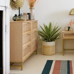 Cassettiera 120x75h cm in legno e rattan naturale con 6 cassetti e struttura oro - Vallecas
