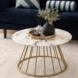 Tavolino rotondo 70 cm con top in vetro temperato effetto marmo bianco e struttura oro - Vallecas