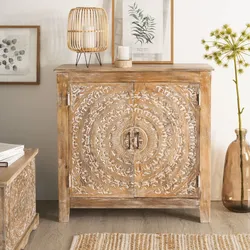 Credenza 90x90h cm in legno di mango con 2 ante intagliate a mano - Sintra