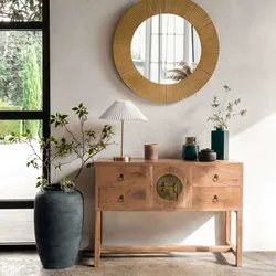 Consolle 112x79h cm in legno di acacia naturale con 4 cassetti 2 ante e dettaglio oro - Cusco