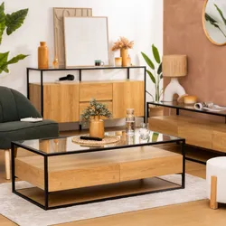 Tavolino contenitore 120x40h cm in legno e acciaio nero con 2 cassetti e top in vetro temperato - Aspen