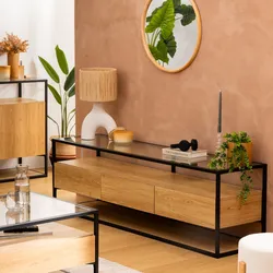 Mobile porta tv 160x50h cm in legno e acciaio nero con 3 cassetti e top in vetro temperato - Aspen