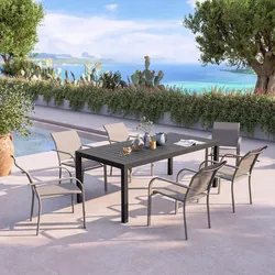 Set pranzo tavolo allungabile 200/300x100 cm antracite e 6 sedie alluminio e textilene tortora - Lumira