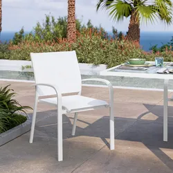 Sedia da esterno con braccioli rotondi in alluminio e textilene bianco - Carioca