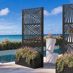 Separé da giardino con fioriera in acciaio nero 100x34x180h cm e disegno tropicale - Kaira