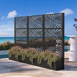 Separé triplo da giardino con fioriera in acciaio nero 292x34x180 h cm e disegno tropicale - Kaira