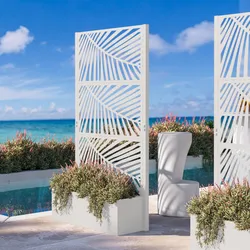 Separé da giardino con fioriera in acciaio bianco 100x34x180h cm e disegno tropicale - Kaira