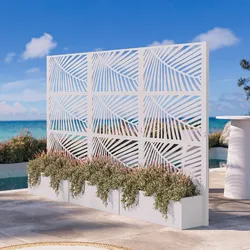 Separé triplo da giardino con fioriera in acciaio bianco 292x34x180 h cm e disegno tropicale - Kaira