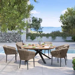Set pranzo con tavolo rotondo 180 cm e 6 poltrone con schienale in corda e cuscini - Kyla