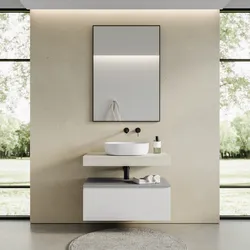 Mobile bagno sospeso 80 cm bianco wedding con top grigio matt e top scatolato rovere  bianco - Nesly