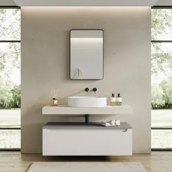 Mobile bagno sospeso 120 cm bianco opaco con top grigio seta e top scatolato rovere bianco - Nesly