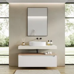 Mobile bagno sospeso 120 cm bianco opaco con top rovere biscuit e top scatolato rovere bianco - Nesly