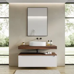 Mobile bagno sospeso 120 cm bianco opaco con top rovere deciso e top scatolato rovere deciso - Nesly