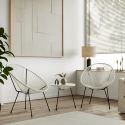 Set relax da salotto con 2 poltrone e tavolino rotondo 50 cm in acciaio e corda bianco - Kalimba