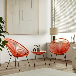 Set relax da salotto con 2 poltrone e tavolino rotondo 50 cm in acciaio e corda arancione - Kalimba
