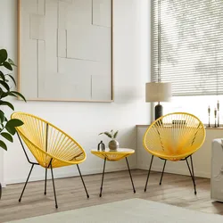 Set relax da salotto con 2 poltrone e tavolino rotondo 50 cm in acciaio e corda giallo - Kalimba