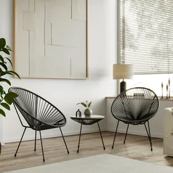 Set relax da salotto con 2 poltrone e tavolino rotondo 50 cm in acciaio e corda nero - Kalimba