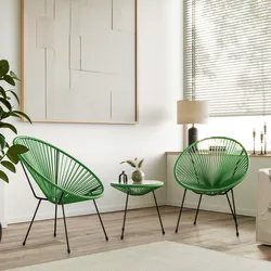 Set relax da salotto con 2 poltrone e tavolino rotondo 50 cm in acciaio e corda verde - Kalimba