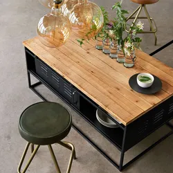 Tavolino contenitore 110x45h cm in metallo nero e legno naturale - Preacer