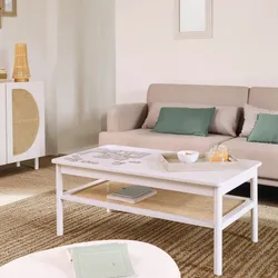 Tavolino 110x56h cm in legno bianco con ripiano in paglia di Vienna - Mendoza
