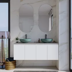 Mobile bagno sospeso con ante 140 cm bianco opaco con top grigio seta e specchio - Cuki